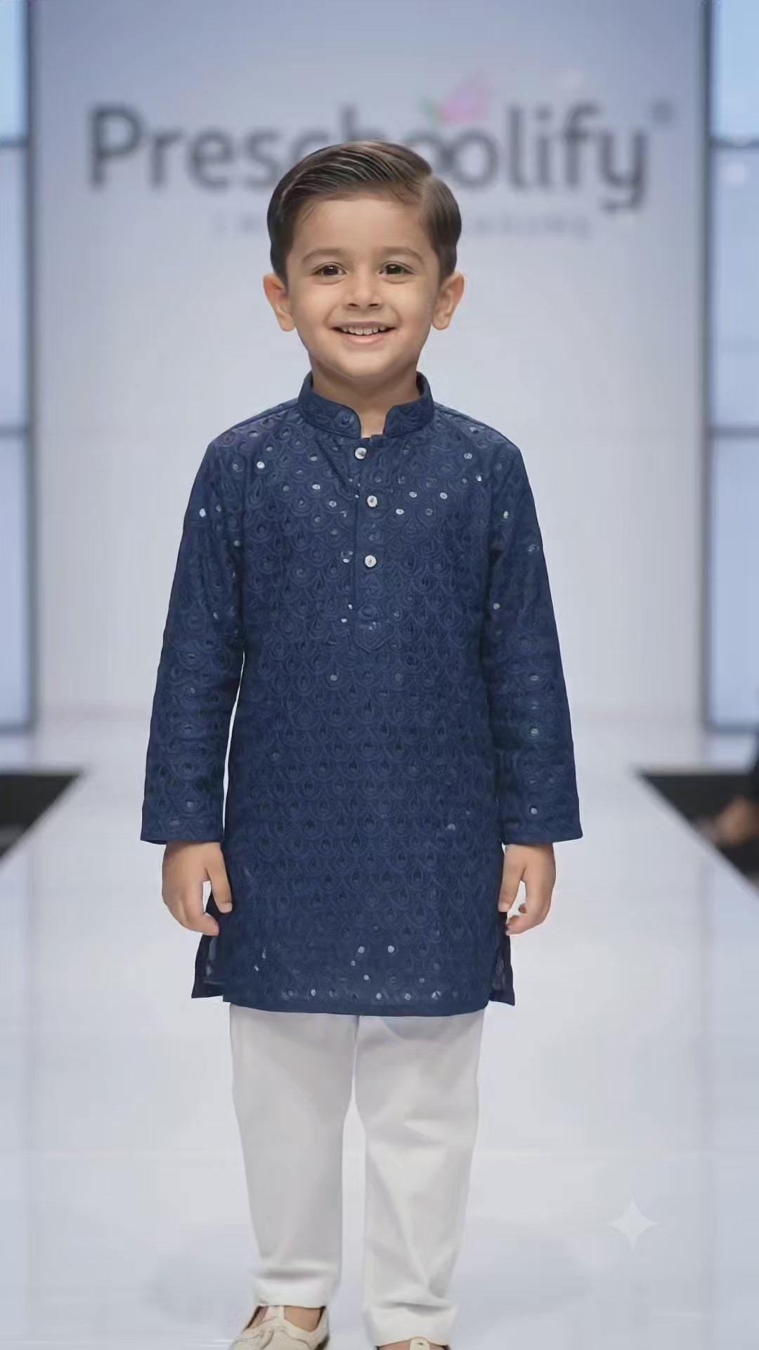 Boys Navy Blue Embroidered Cotton Blend Kurta Pyjama Set