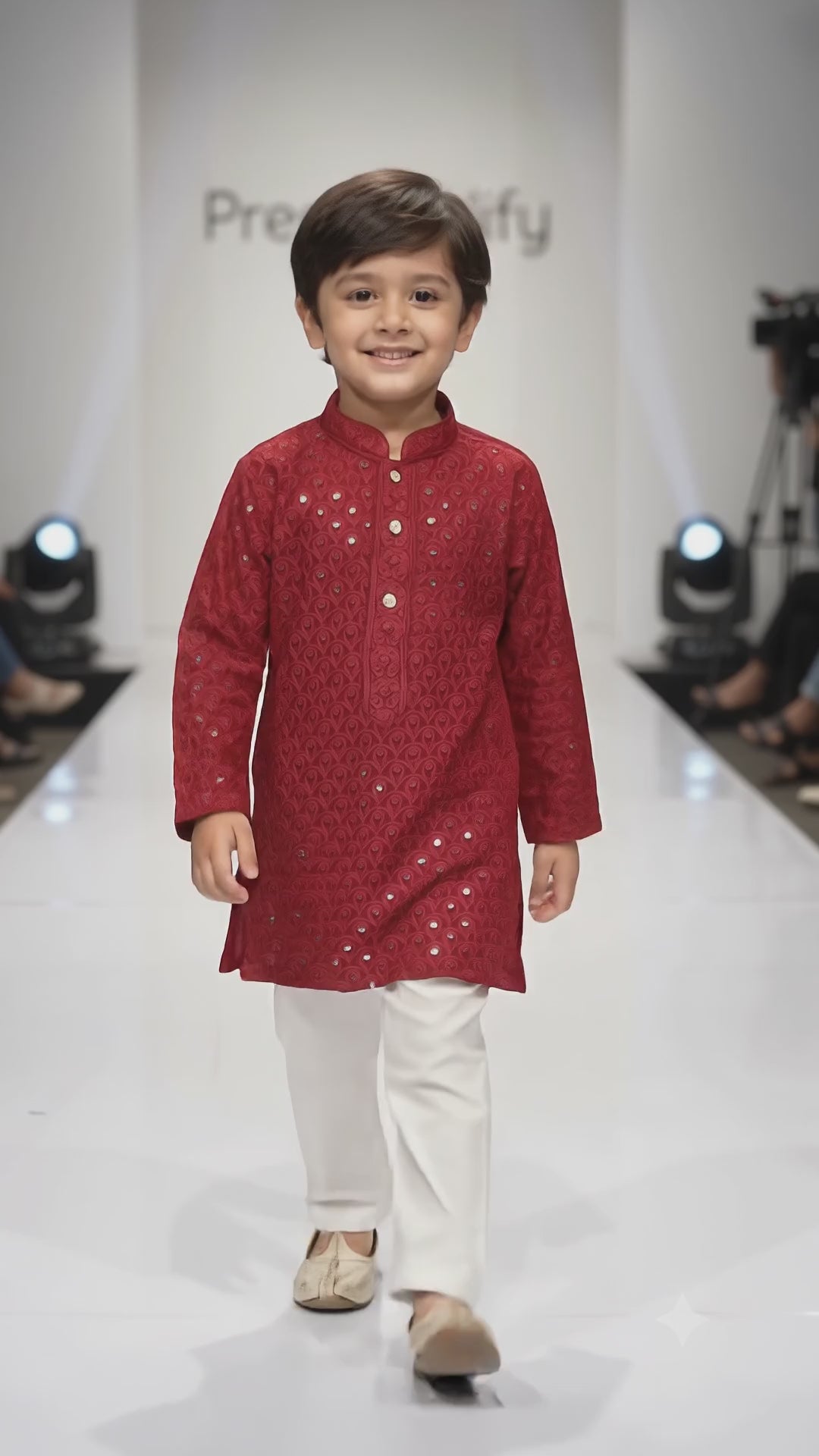 Boys Maroon Embroidered Cotton Blend Kurta Pyjama Set