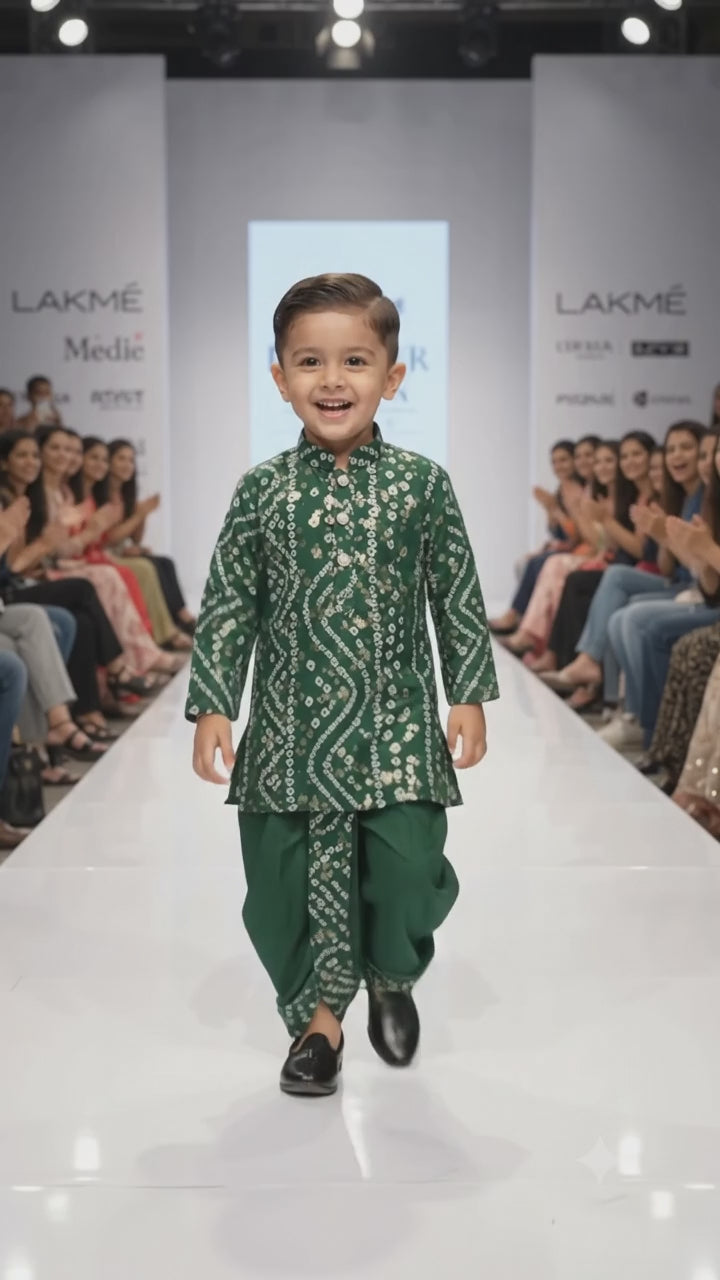 Boys Green Bandhani Print Kurta Dhoti Set