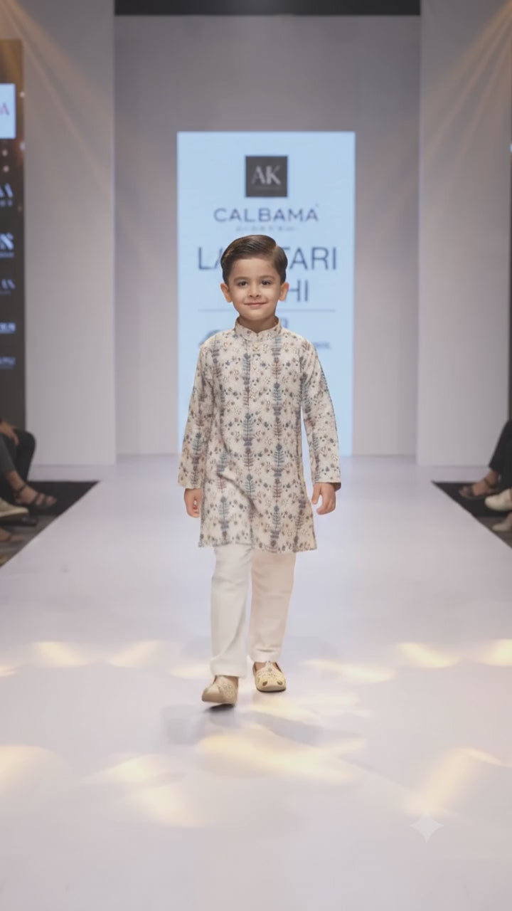Boys Cream Floral Print Cotton Blend Kurta Pyjama Set