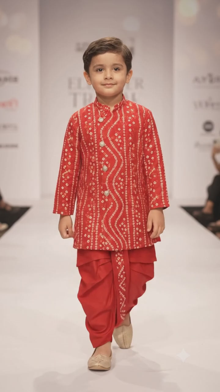 Boys Red Bandhani Print Kurta Dhoti Set