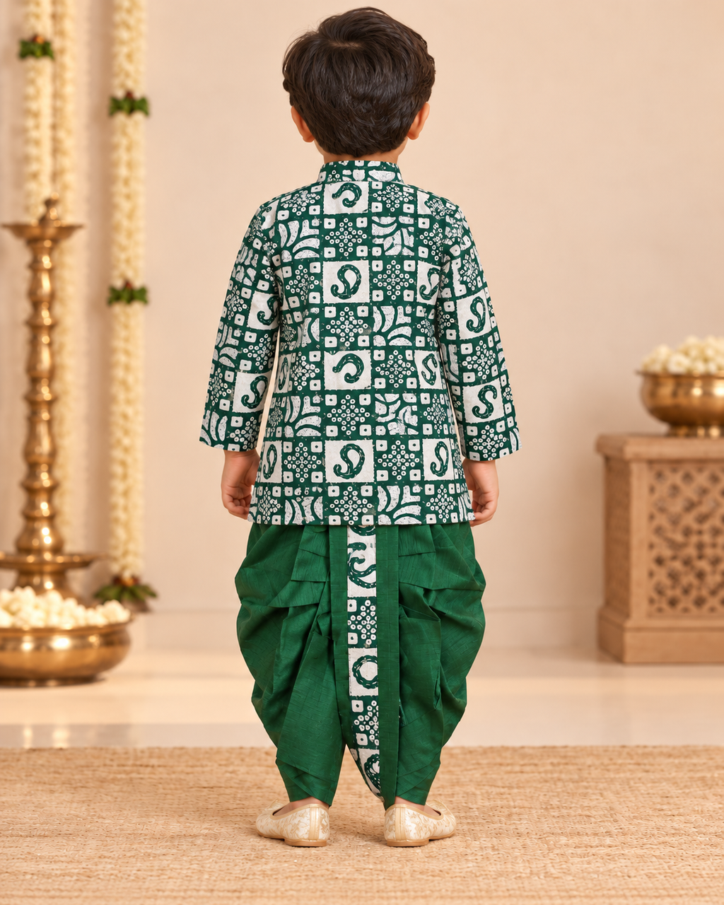 Boys Green Bandhani Print Kurta Dhoti Set