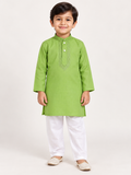 Boys Green Solid Cotton Blend Kurta Pyjama Set