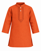 Boys Dark Orange Solid Cotton Blend Kurta Pyjama Set