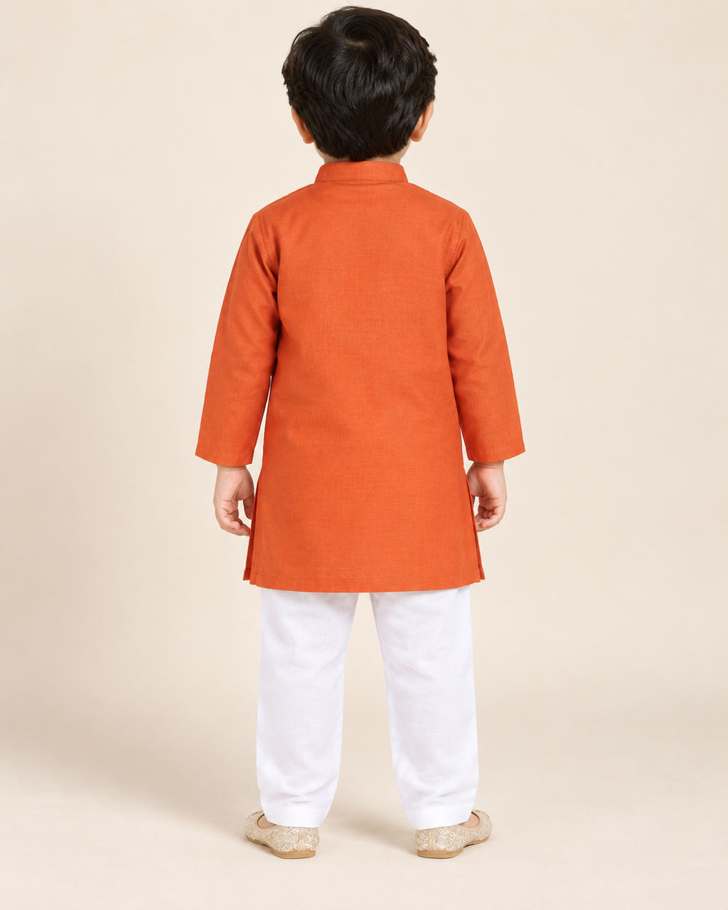 Boys Dark Orange Solid Cotton Blend Kurta Pyjama Set