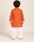 Boys Dark Orange Solid Cotton Blend Kurta Pyjama Set