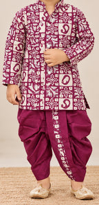 Boys Maroon Bandhani Print Kurta Dhoti Set