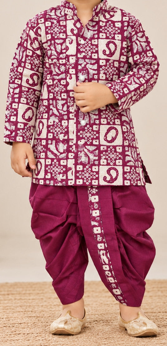 Boys Maroon Bandhani Print Kurta Dhoti Set