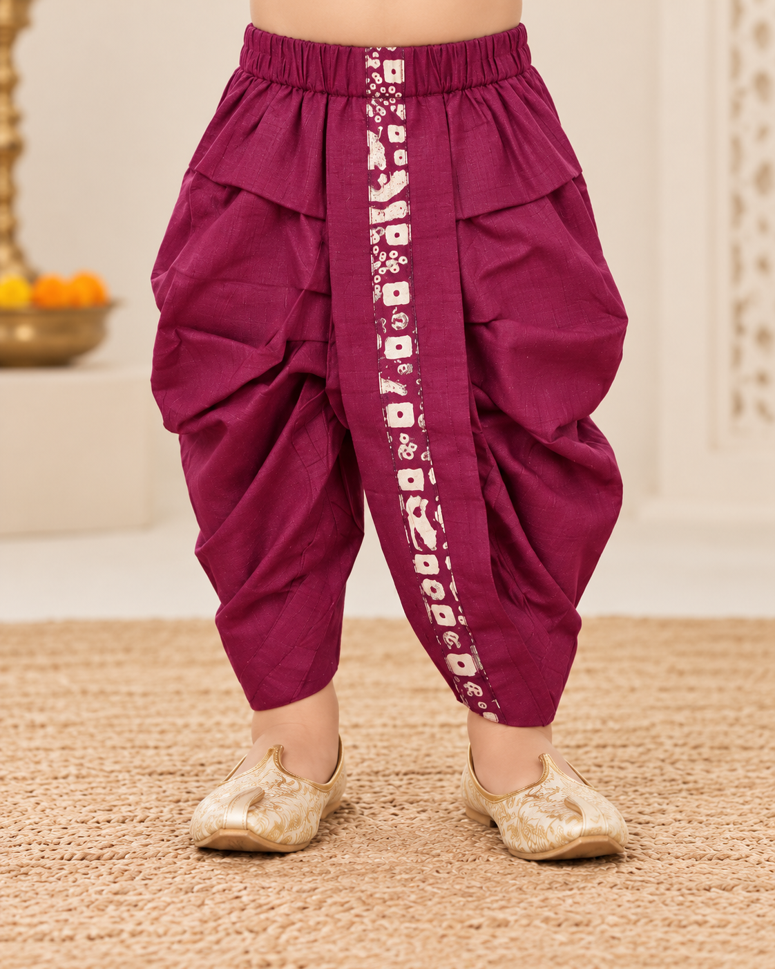 Boys Maroon Bandhani Print Kurta Dhoti Set