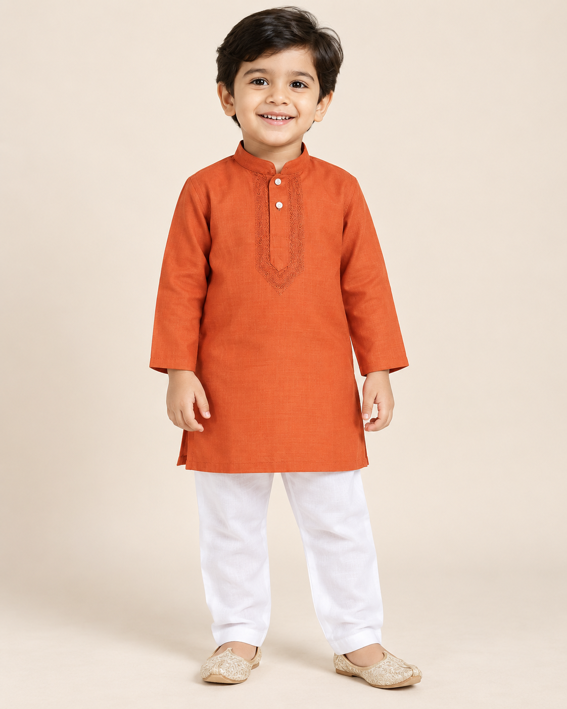 Boys Dark Orange Solid Cotton Blend Kurta Pyjama Set