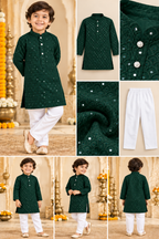 Boys Green Embroidered Cotton Blend Kurta Pyjama Set