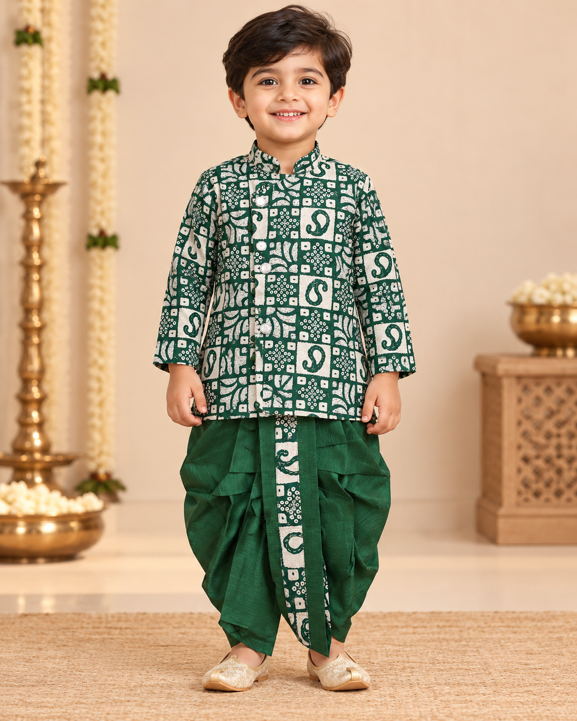 Boys Green Bandhani Print Kurta Dhoti Set